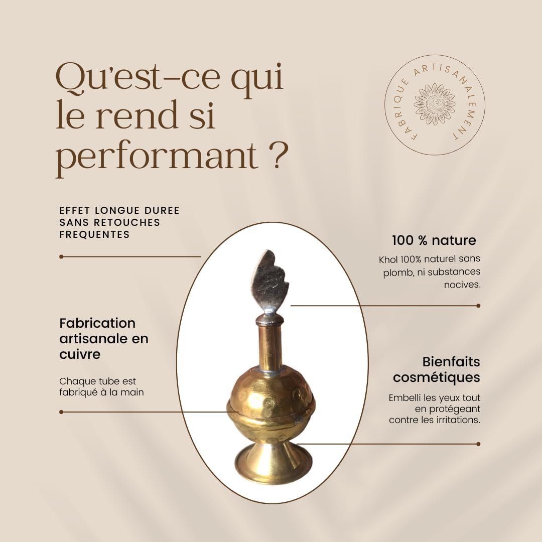 Khôl Naturel Artisanal en Cuivre Doré avec Applicateur - Eyeliner Mirwed Traditionnel Hypoallergénique et Sans Plomb Made in Morocco