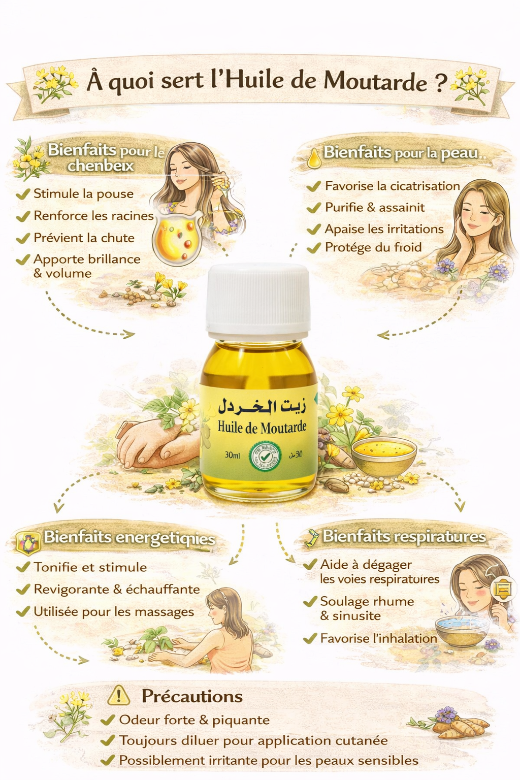 Huile de Moutarde 30 ml – Huile Chauffante Massage et soin Cheveux