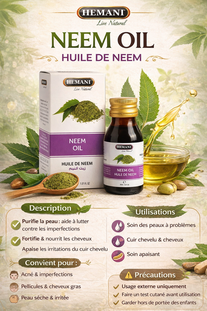 Huile de Neem Hemani 30 ml – Soin Purifiant Peau & Cheveux Naturel