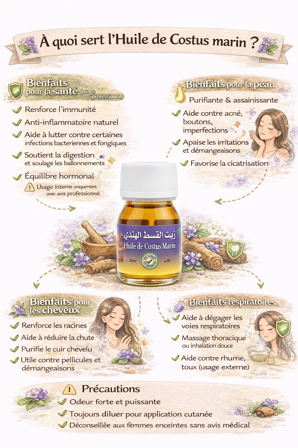 Huile de Costus Marin 30 ml – Huile de Massage Traditionnelle